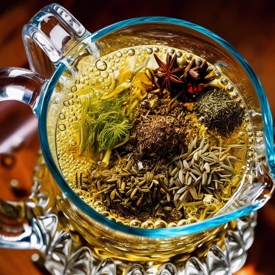 Explore the craftsmanship behind ouzo with a pitcher displaying its key ingredients: anise, aromatic herbs, and spices, essential in creating its iconic flavour and character