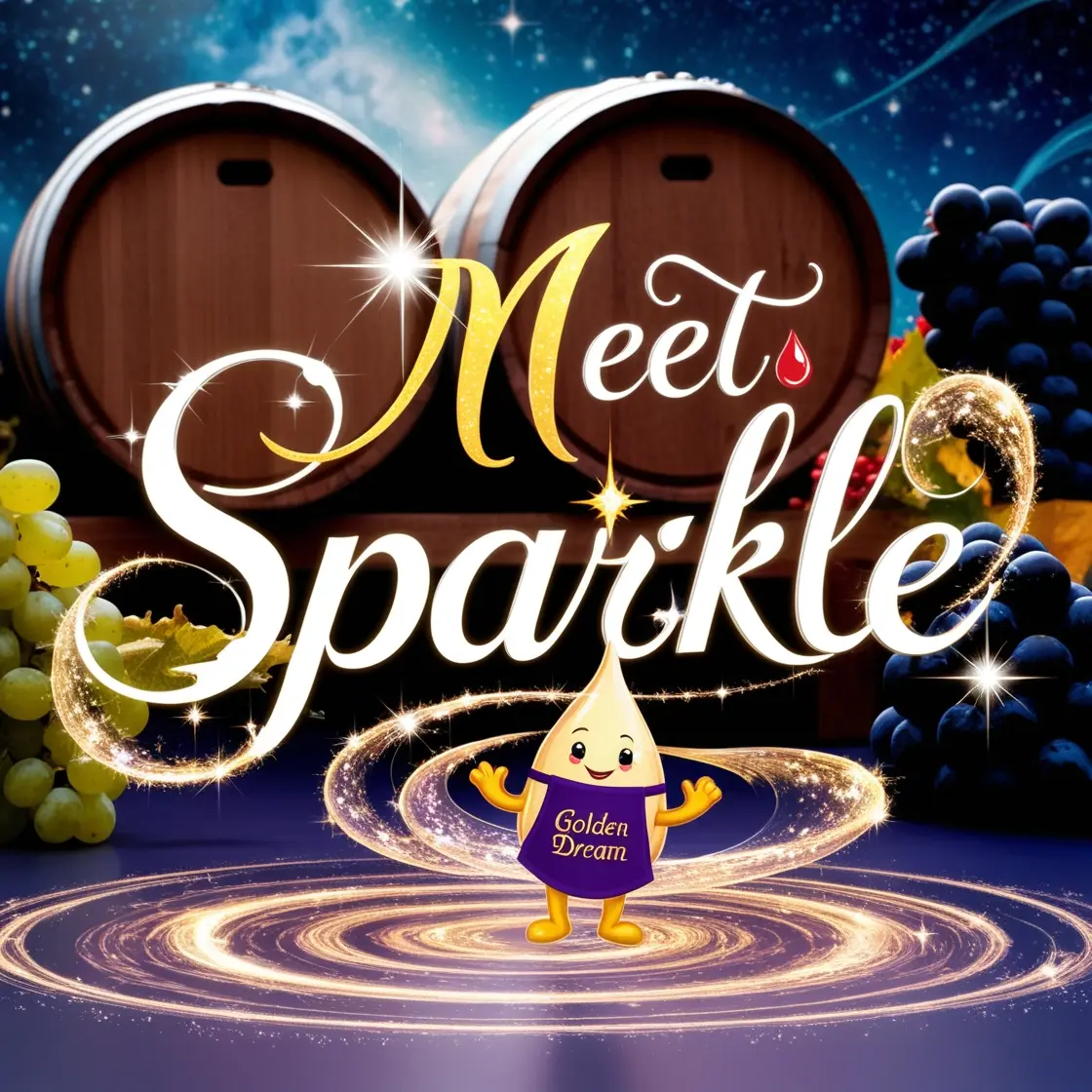 Sparkle the Mascot in Apron - Sparkle, the happy drop of distilled spirit, wearing a Golden Dream apron.